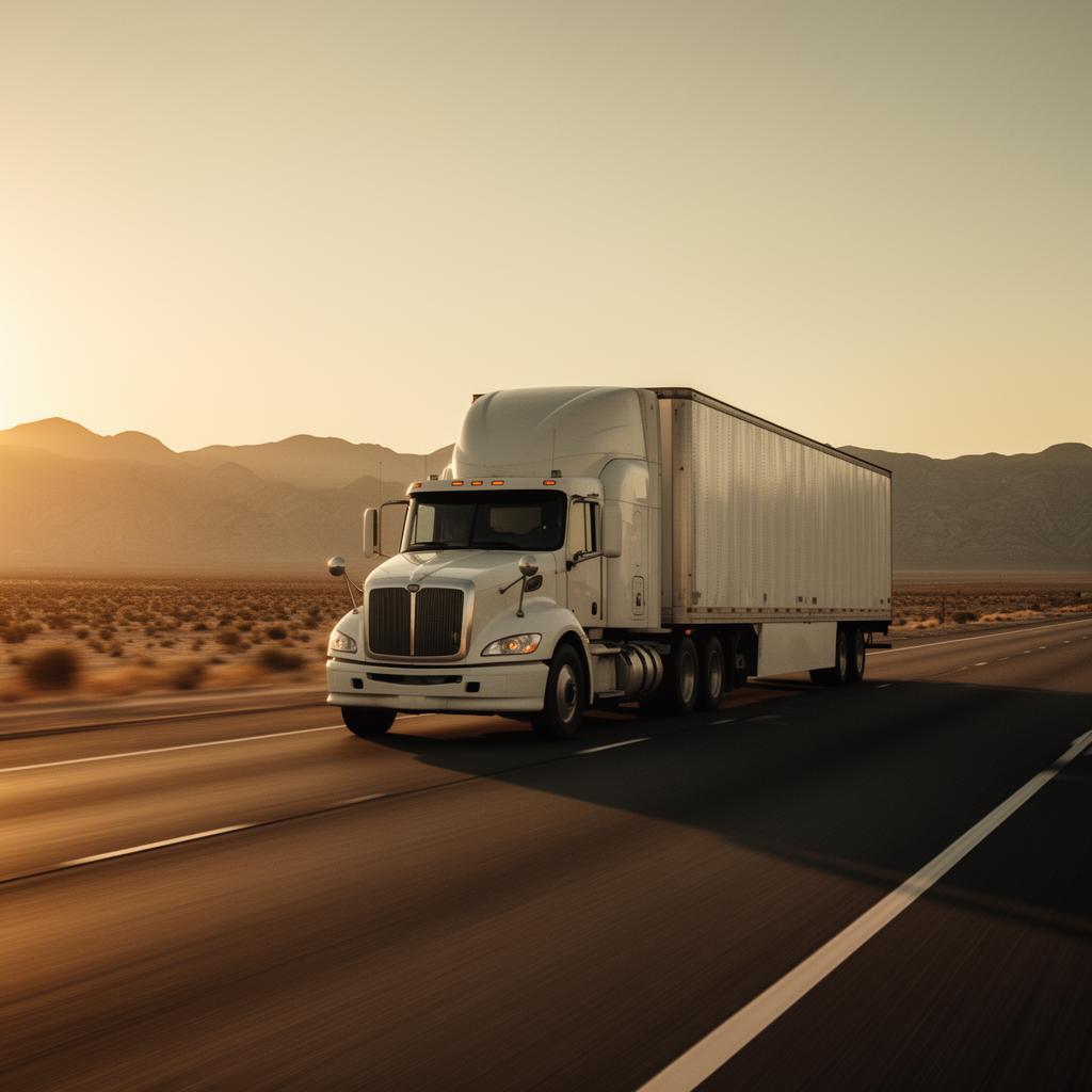 A Prime Axis line haul truck crossing the desert highway between Los Angeles and Phoenix at golden hour
