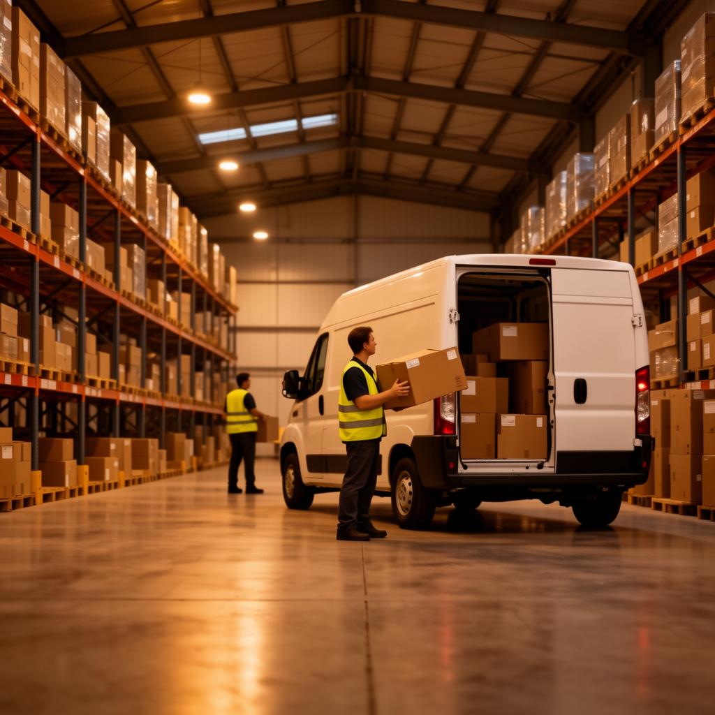Prime Axis operators loading parcels into a cargo van inside the distribution warehouse